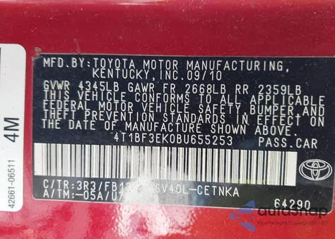 2011 Toyota Camry Le из США, поврежденный, VIN 4T1BF3EK0BU655253